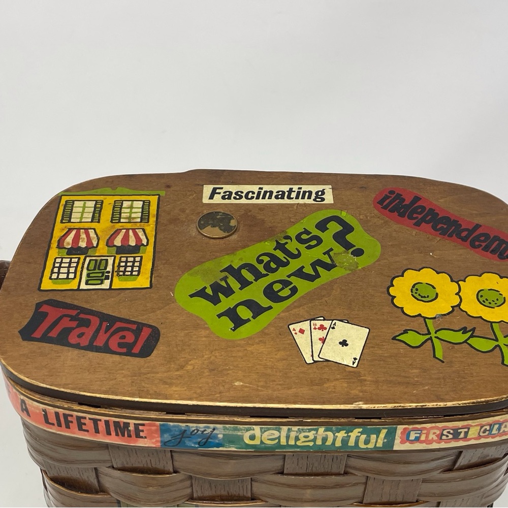 Caro Nan Handmade Painted Vintage USA Lidded Lined Basket Purse Tote Folk Art - Picture 5 of 14